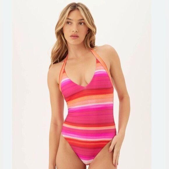 NWT- TRINA TURK-Solstice Stripe (pink/orange/red) Plunge Swimsuit-Size 10 - Picture 2 of 12
